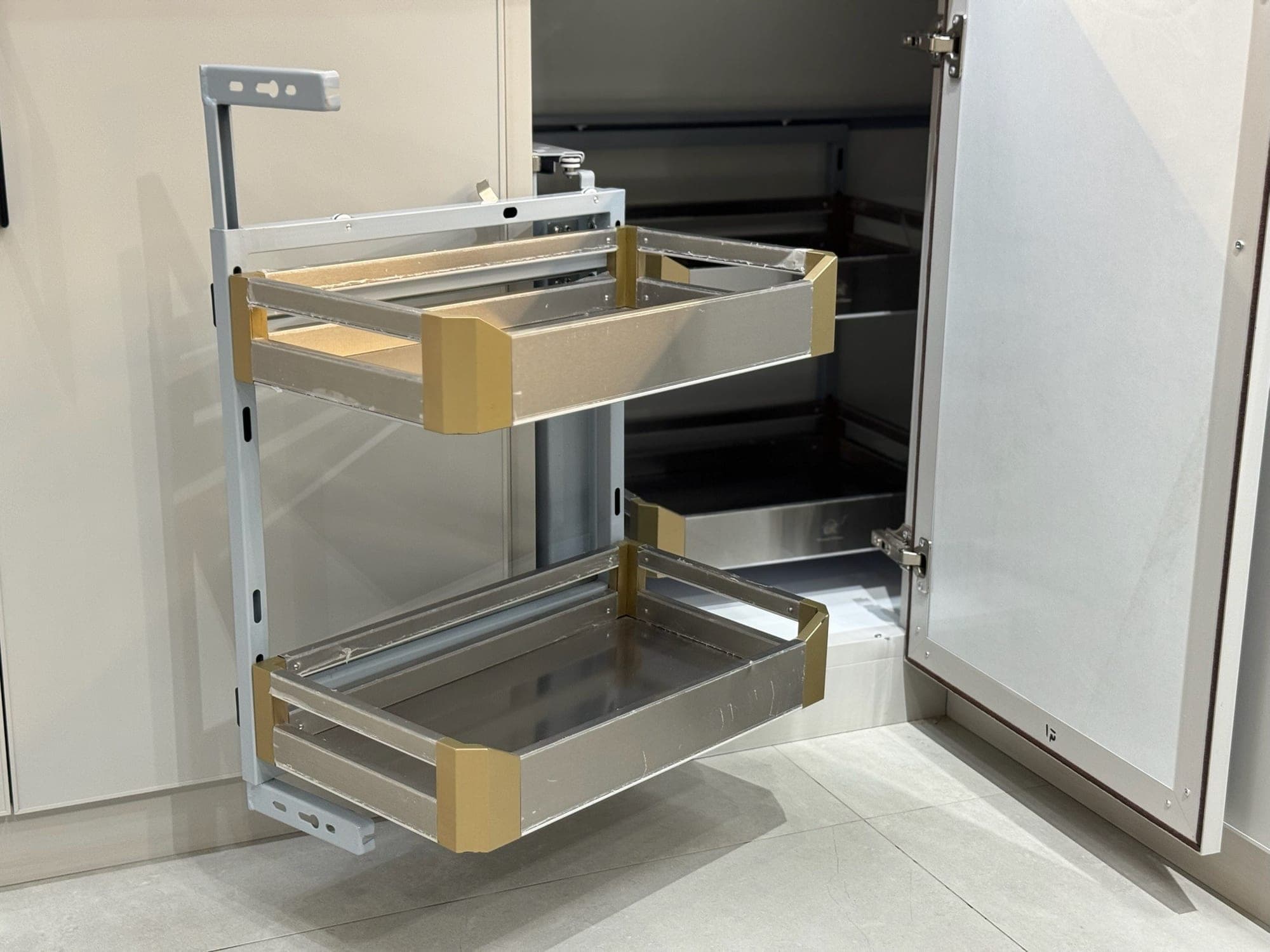 Pull-out corner unit inside a kitchen cabinet — by Blum for Kitchens
